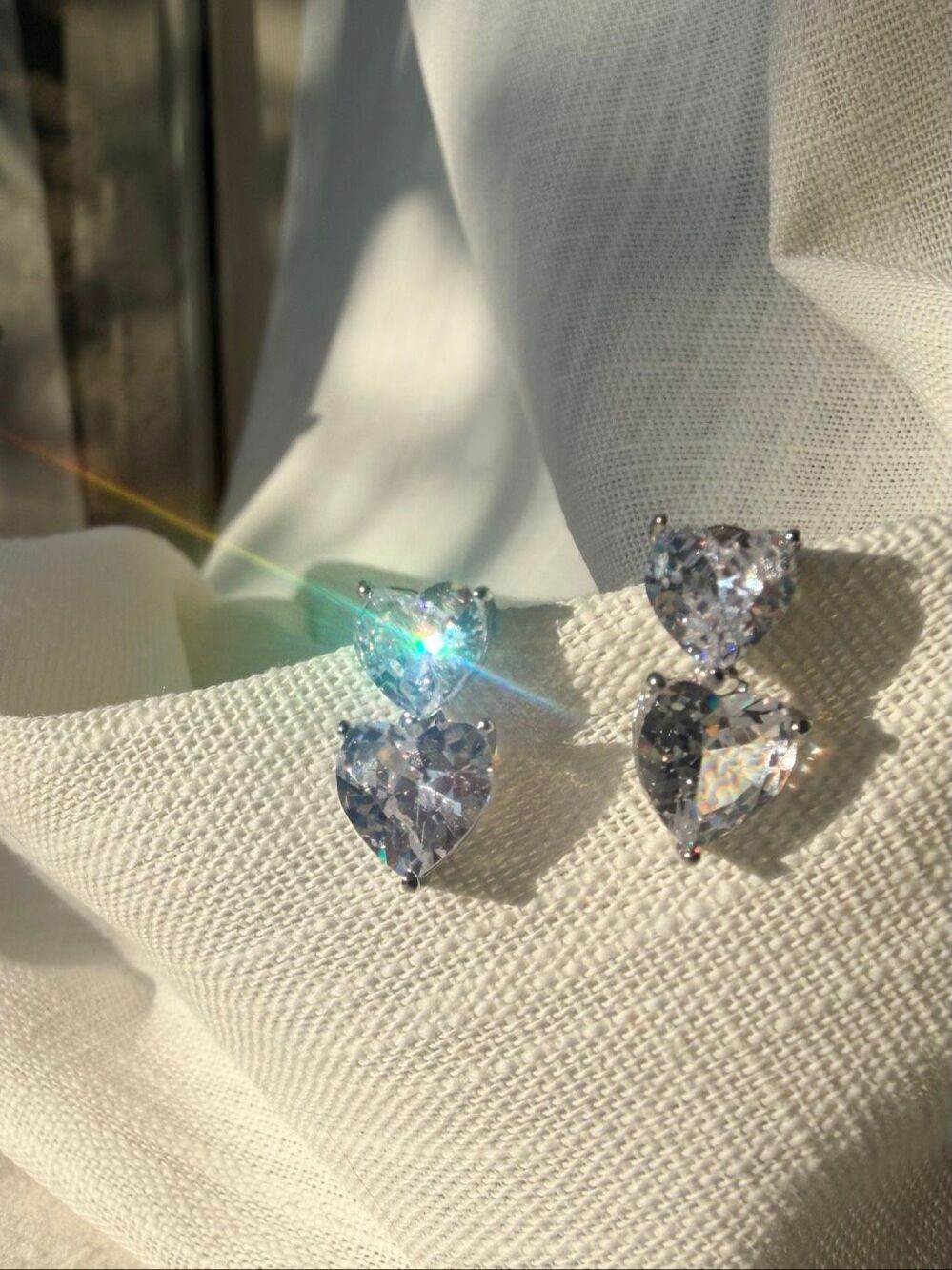 Cubic Zirconia Double Heart Drop Earrings Silver Tone CZ Bridal